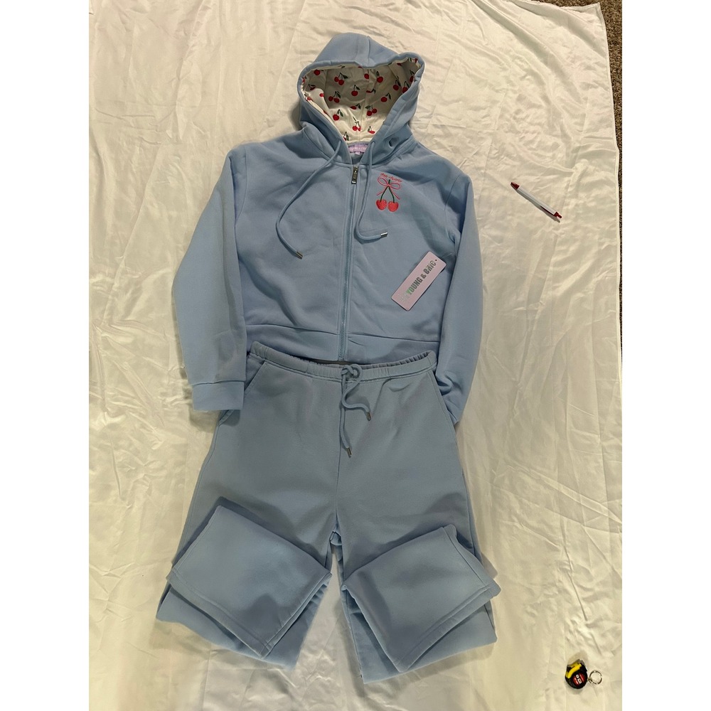 Young & Chic Light Blue Cherry Print Lined Zip Up Hoodie Sweatpants Set‎ Size L